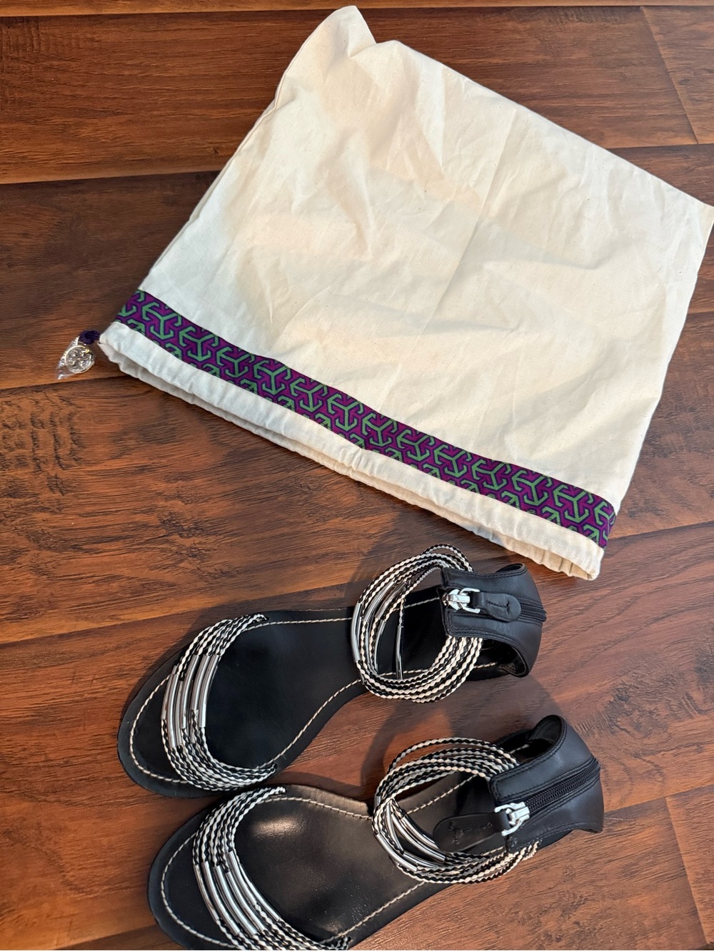 Tory Burch Black Sandals with Braided Cream Accents - Picture 2 of 6